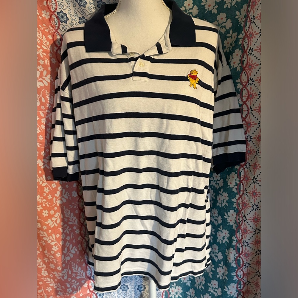 Vintage Mens Disney Navy and White Striped Polo Shirt